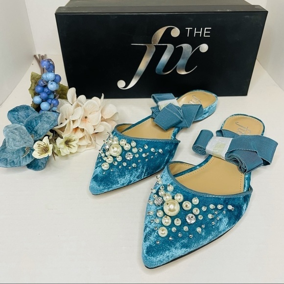 The Fix Women's Porter Pointed Toe Ankle Wrap Flat Slide Pearls Sea Gree… - Picture 2 of 7